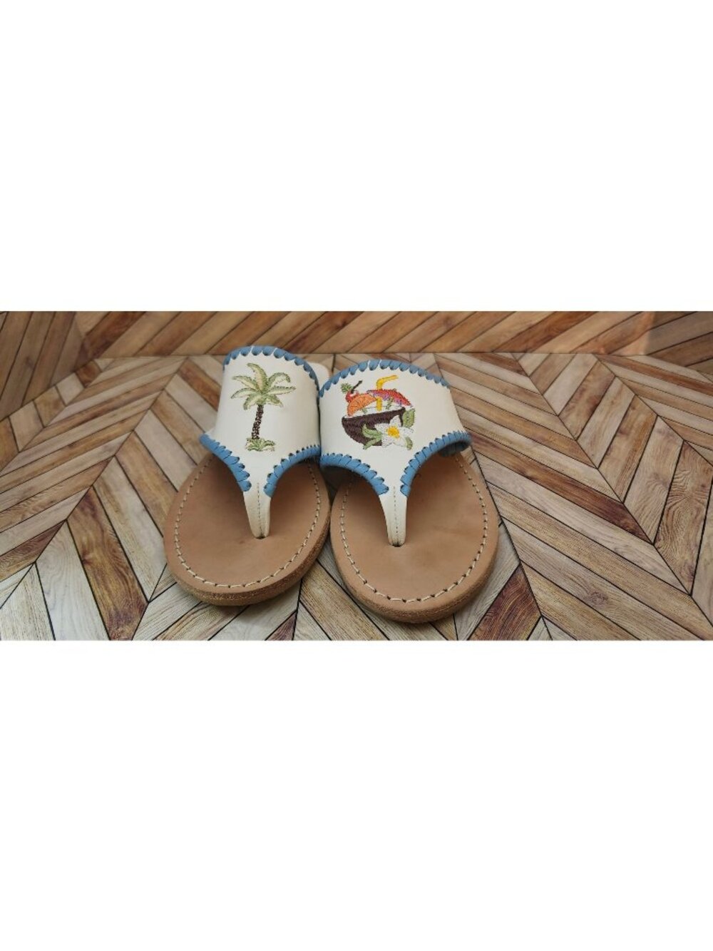 Jack Rogers White Blue Embroidered Palm Tree Coconut Flip Flops Shoes Size 5.5